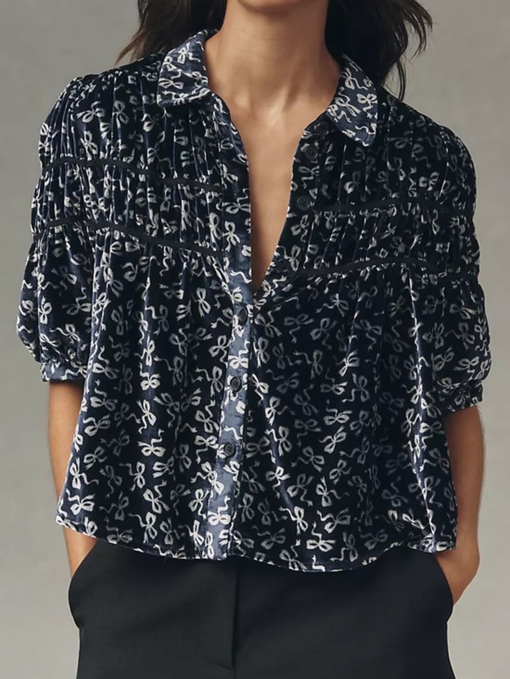 The Leandra Velvet Shirred Yoke Blouse